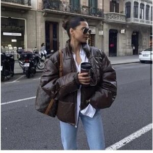 Zara Blogger Fav Chocolate Brown Faux Leather Puffer Jacket